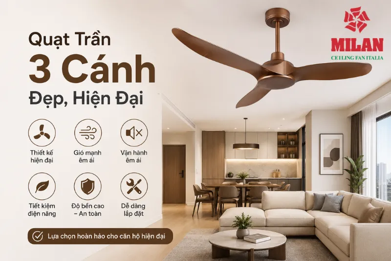 quạt trần 3 cánh đẹp hiện đại